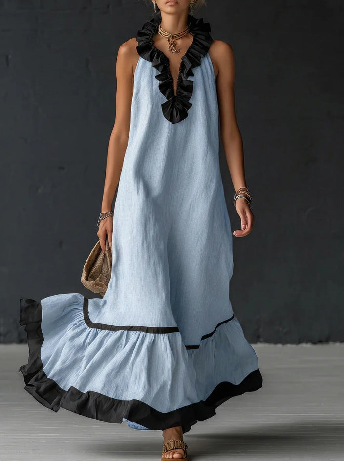 Sleeveless V-neck loose ruffle side length vest dress