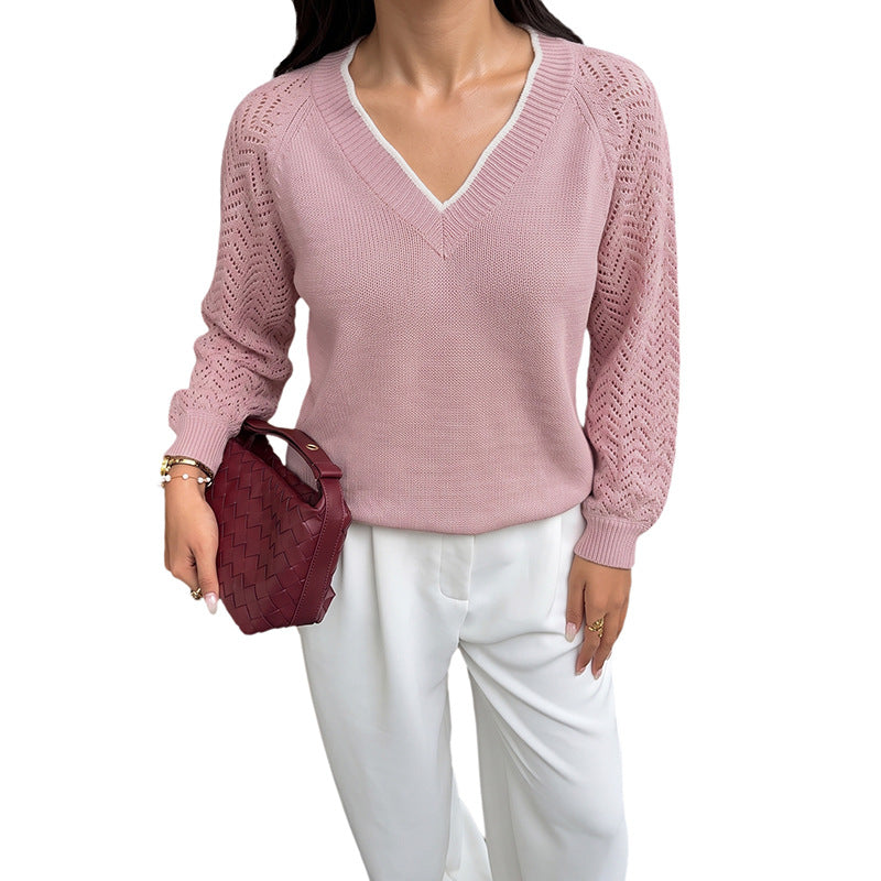 Loose contrasting V-neck hollowed out sweater for women