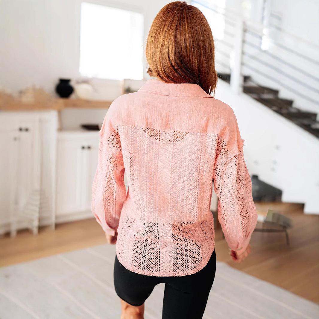 Lace-Up Long Sleeve Buttoned Shirt Loose Casual Unique Blouse Jacket for Women