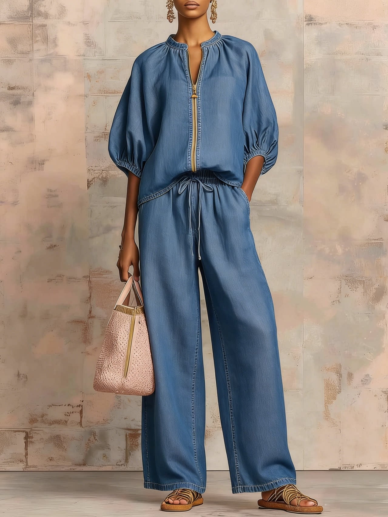 Summer Women's Casual Loose Solid Color Zipper Round Neck Wide Leg Pants Set
