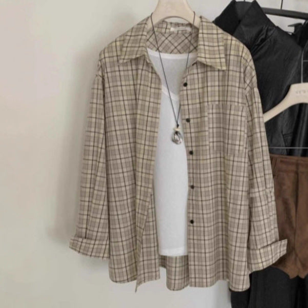 Checkered Shirt Women  Style Lazy Long Sleeve Polo Collar Blouse Unique Versatile Loose Open Front Top