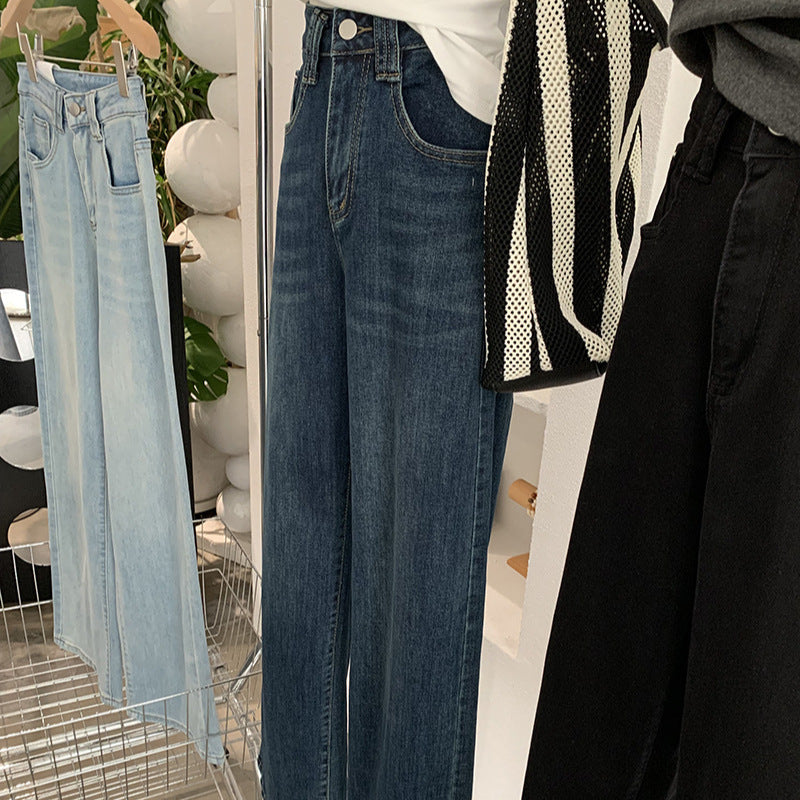 High-Waisted Wide-Leg Denim Pants for Women Spring Casual Washed Straight Leg Trousers Trendy