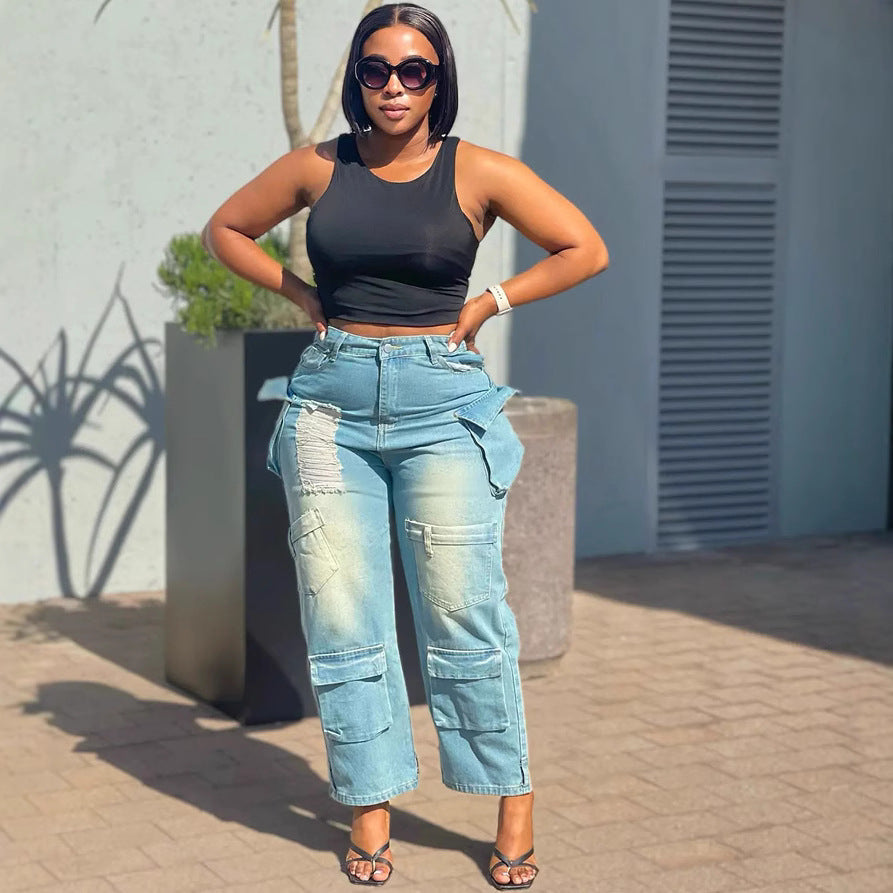 Women's Denim Wide-Leg Pants Fashion Trendy Multi-Pocket Blow-Out Denim Cargo Pants