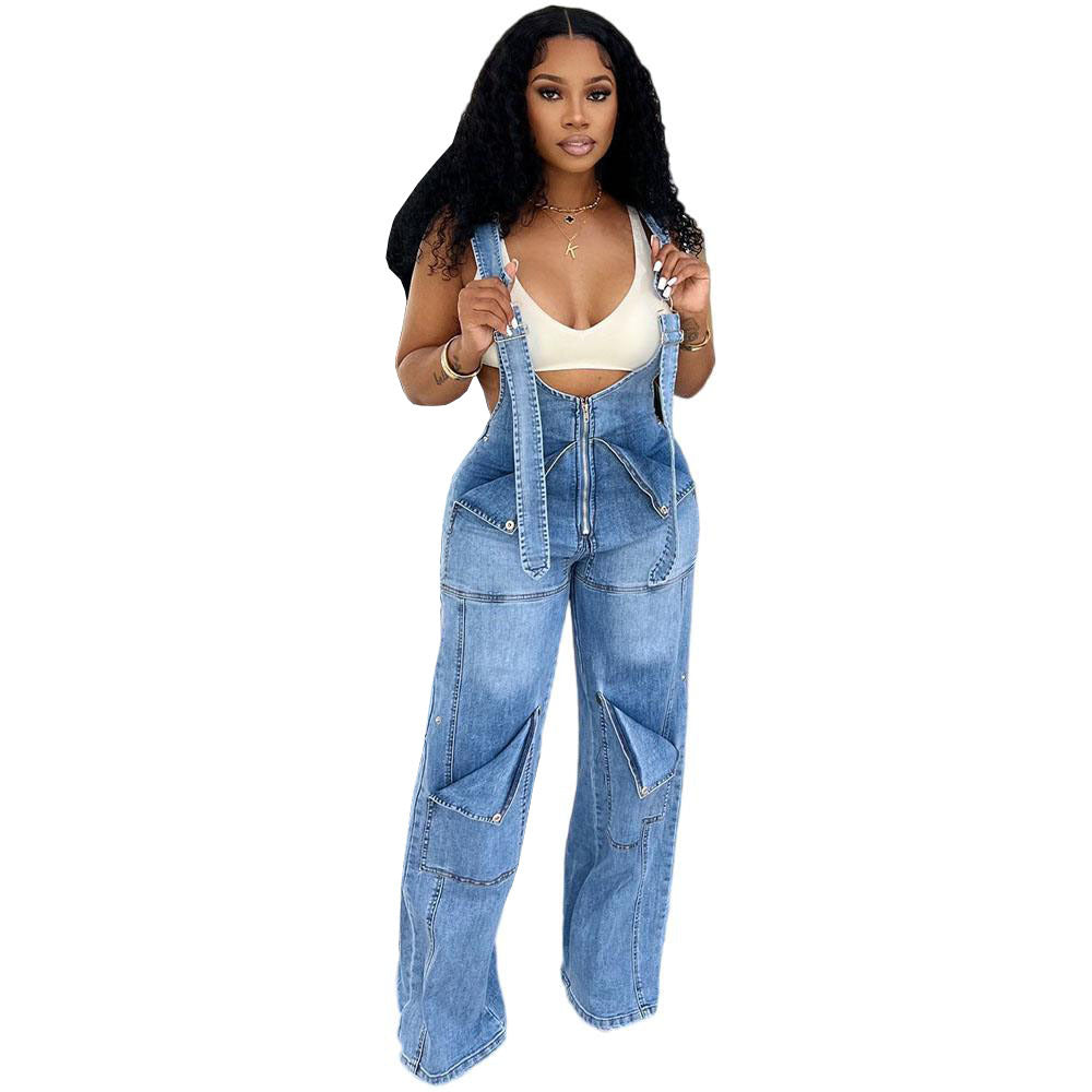 Women's Western Style Denim Overalls Summer Street Casual Zipper Washed Full-Length Jumpsuit