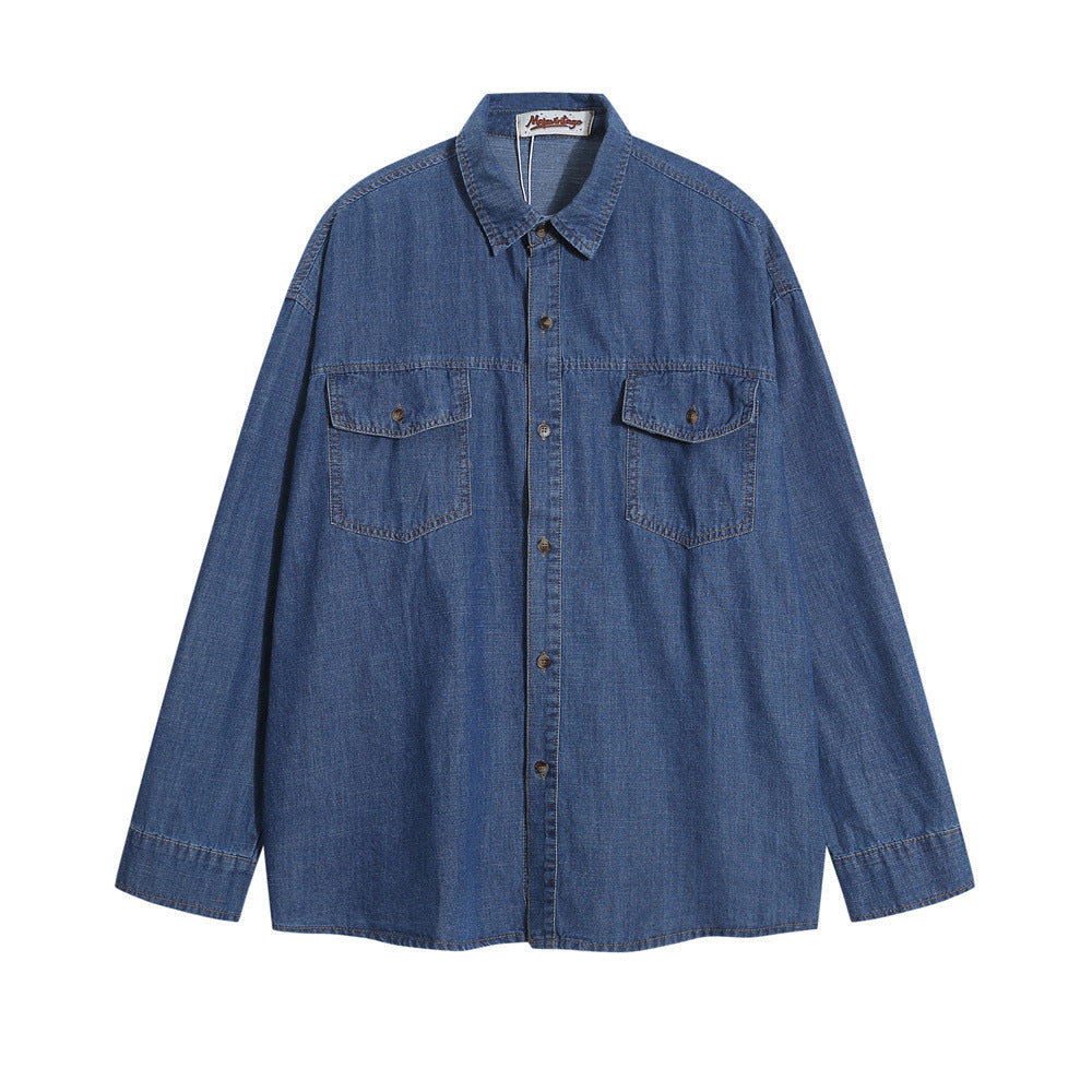 Solid color loose long sleeved denim shirt