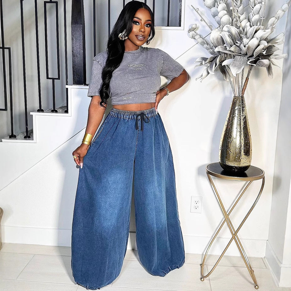 Women's Loose Denim Pants Street Casual Elastic Waist Wide Leg Jeans