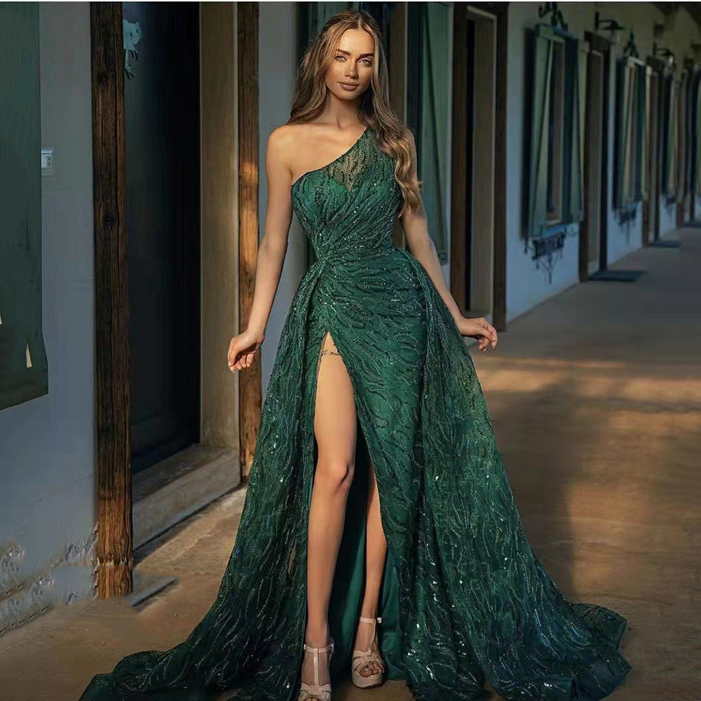 Chic Asymmetric Shoulder Slit Long Dress for Women with Sequins and Strap Detailing, Evening Gown, Formal Wear