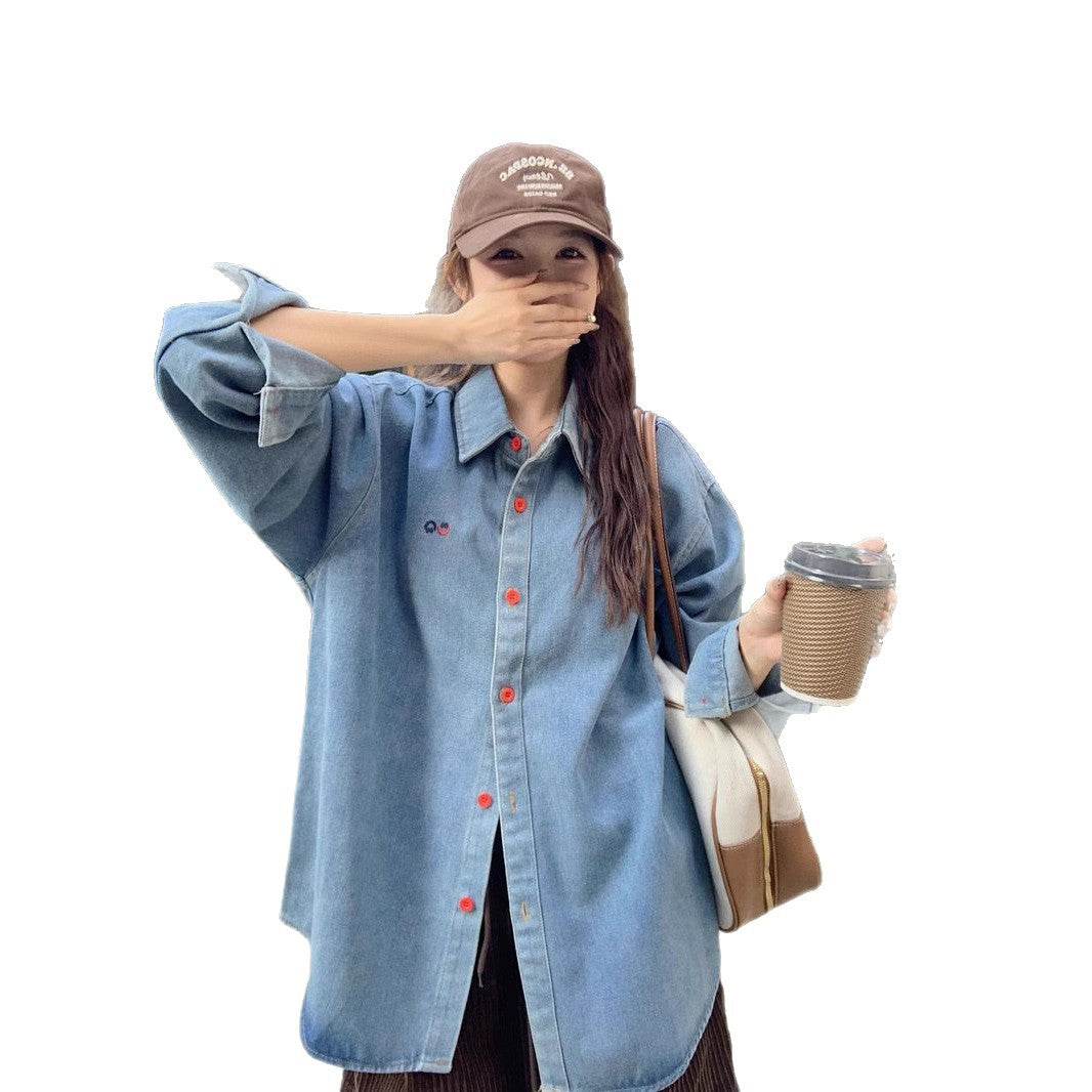 Style Blue Denim Shirt Women's  Loose  Versatile Casual Polo Collar Long Sleeve Jacket