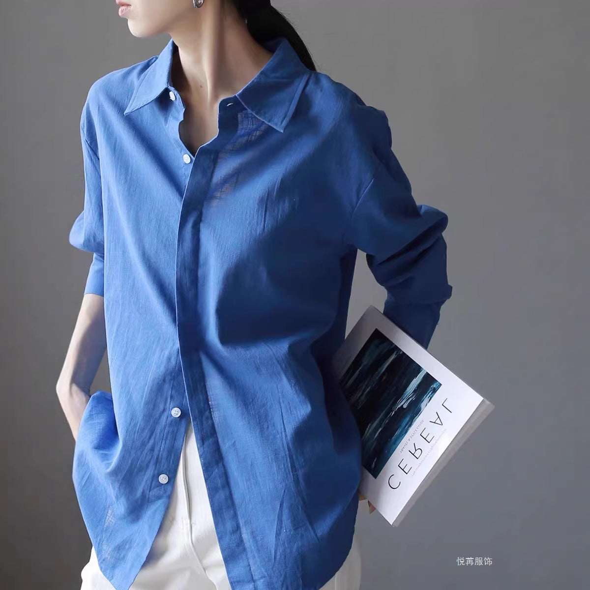Blue Polo Collar Sun Protection Shirt Loose Lazy Style Long Sleeve Lightweight Cotton Linen Blouse Jacket