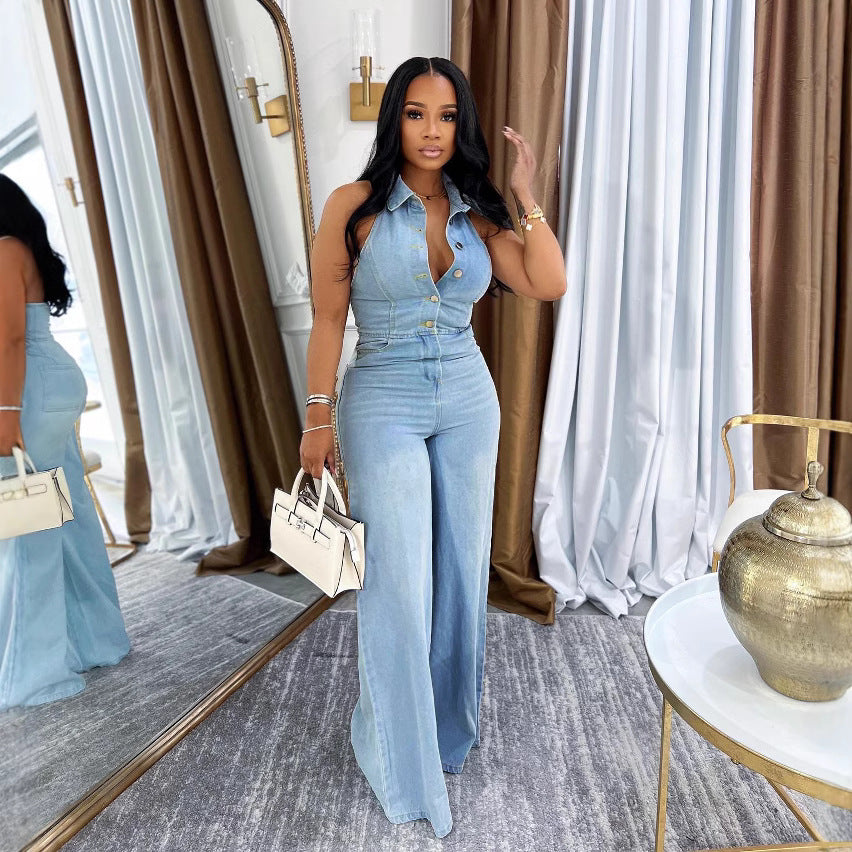 Strapless Sexy Backless Long Denim Jumpsuit for Women