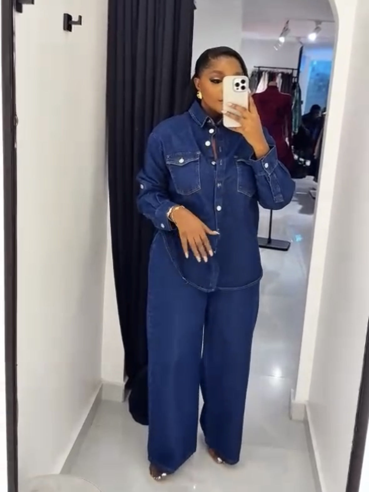Fashionable Vintage Denim Shirt with Turn-Down Collar Long Sleeve Top and Straight Leg Pants Set for Women