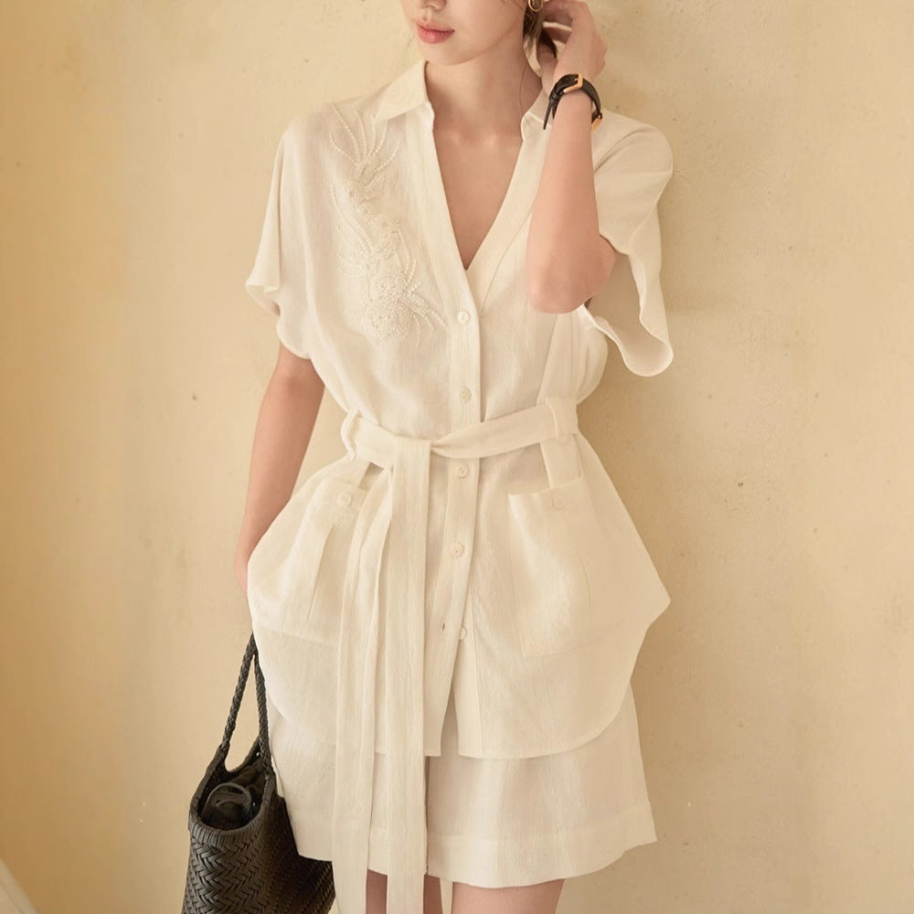 Cotton-Linen Texture Wrinkle-Resistant Non-Iron Beaded V-Neck Belted Short Sleeve Shirt Jacket + Shorts Set Summer