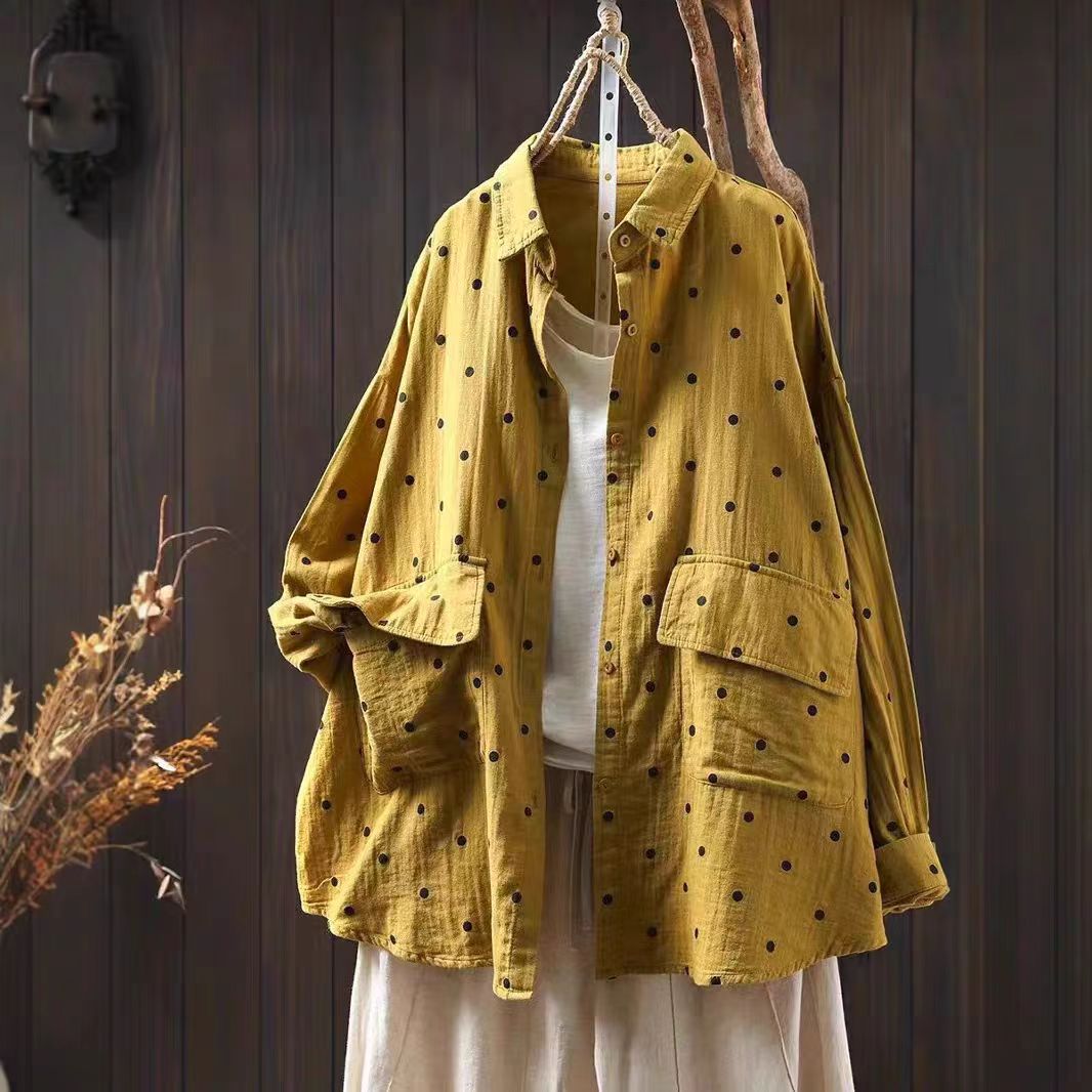 Loose Collar Cotton Shirt Women's Literary Slimming Long Sleeve Jacket Printed Outerwear