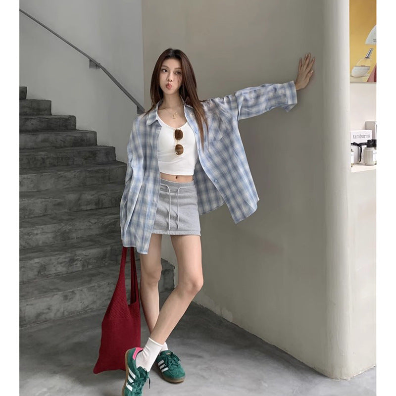 Lazy Style Notched Collar Plaid Long Sleeve Shirt  Thin Casual Loose Sunscreen Cardigan Blouse Women's Outerwear