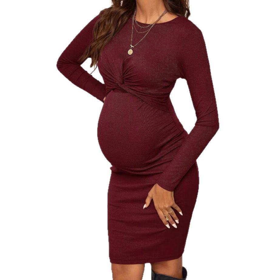 Knit Fitted Dress with Round Neck and Long Sleeves Solid Color Short Style