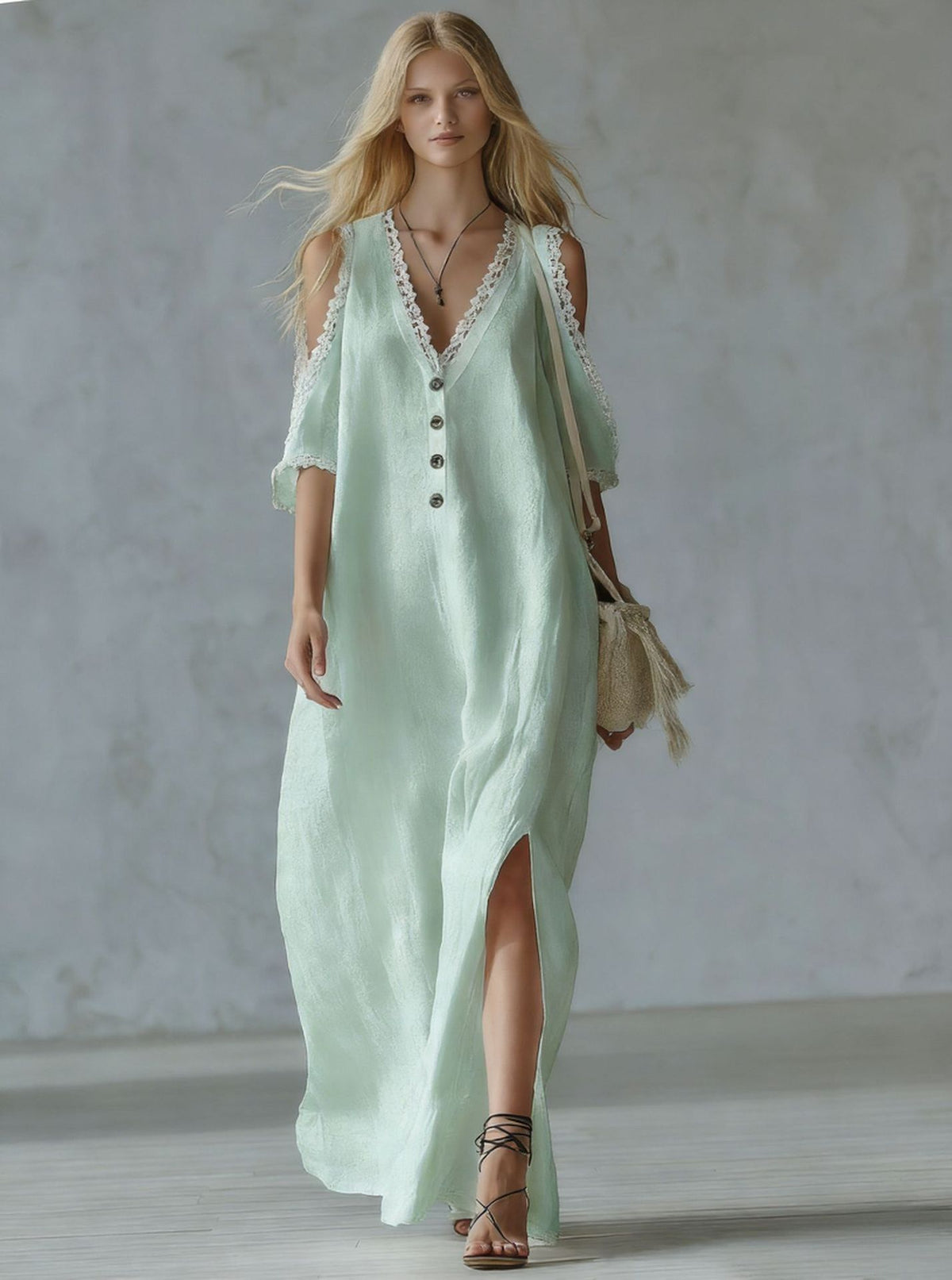 Style Lace Trim Loose Off-Shoulder Casual Women's Dress Long Dress