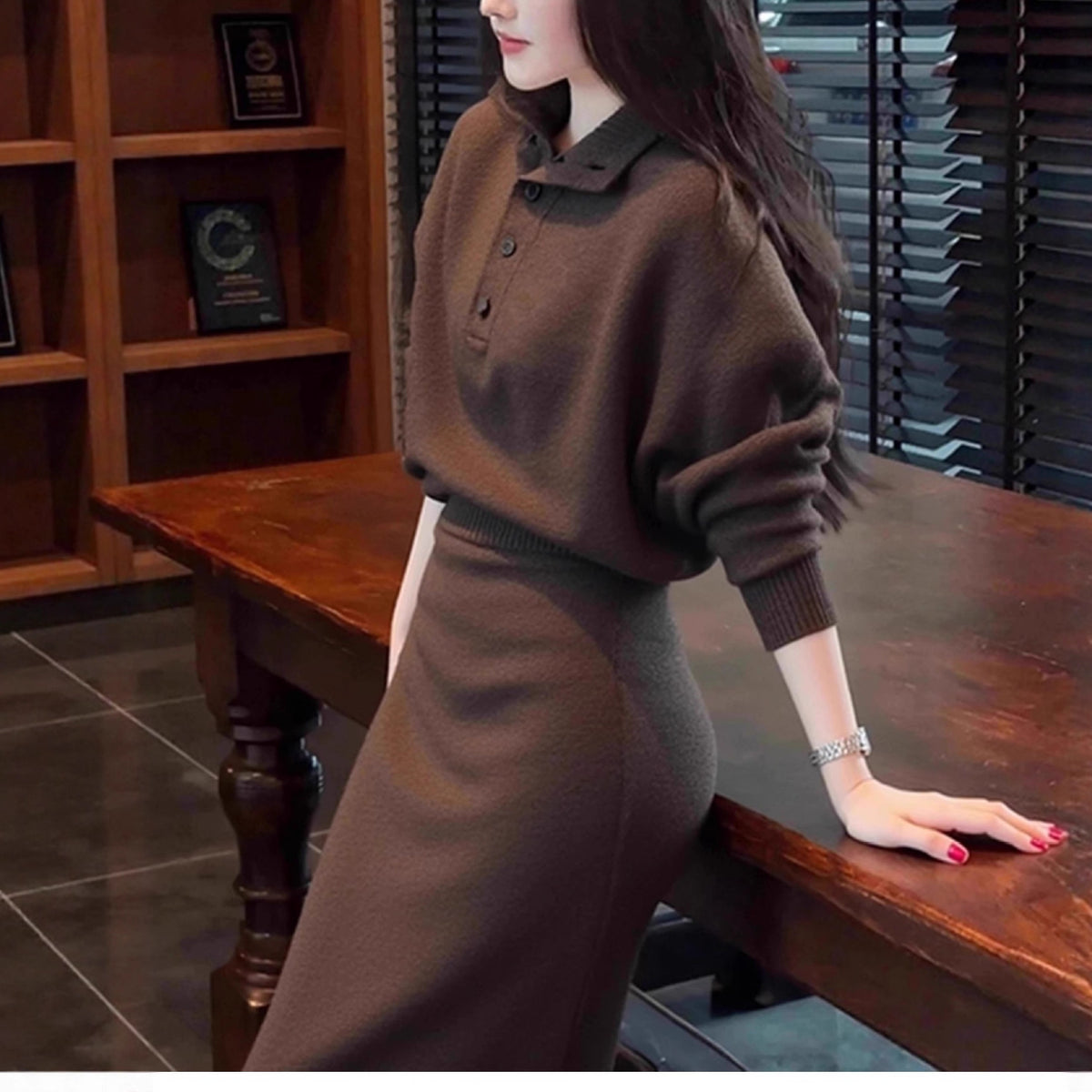 Chic Brown Sweater Dress Set for Women, Elegant and Sophisticated Outfit, Casual and Stylish Two-Piece Ensemble