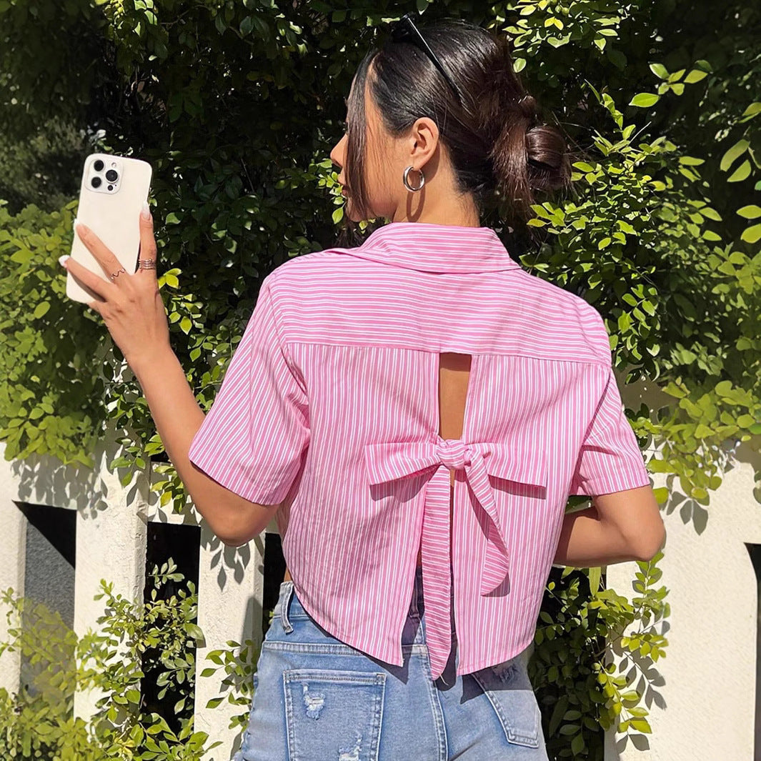 European and American Style Women's Striped Bow Back Casual Vacation Short Sleeve Blouse