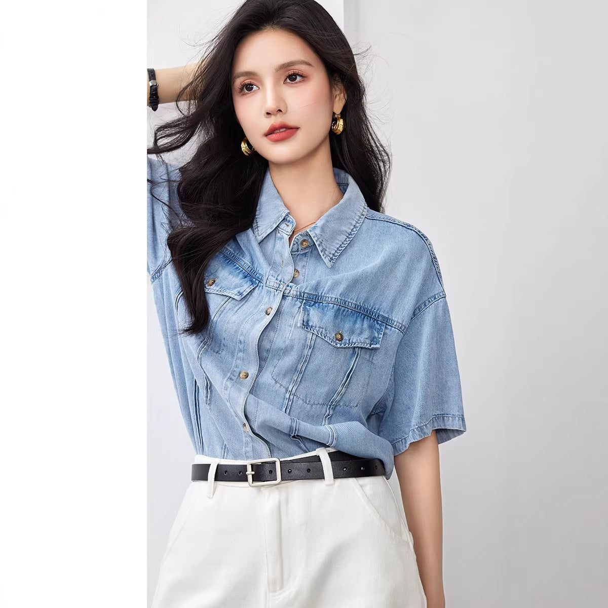 Summer Short Sleeve Denim Shirt Inner Layer Blouse Women's Casual Workwear Blue Top