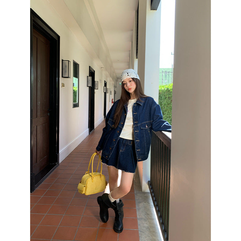 Retro hairy denim short skirt