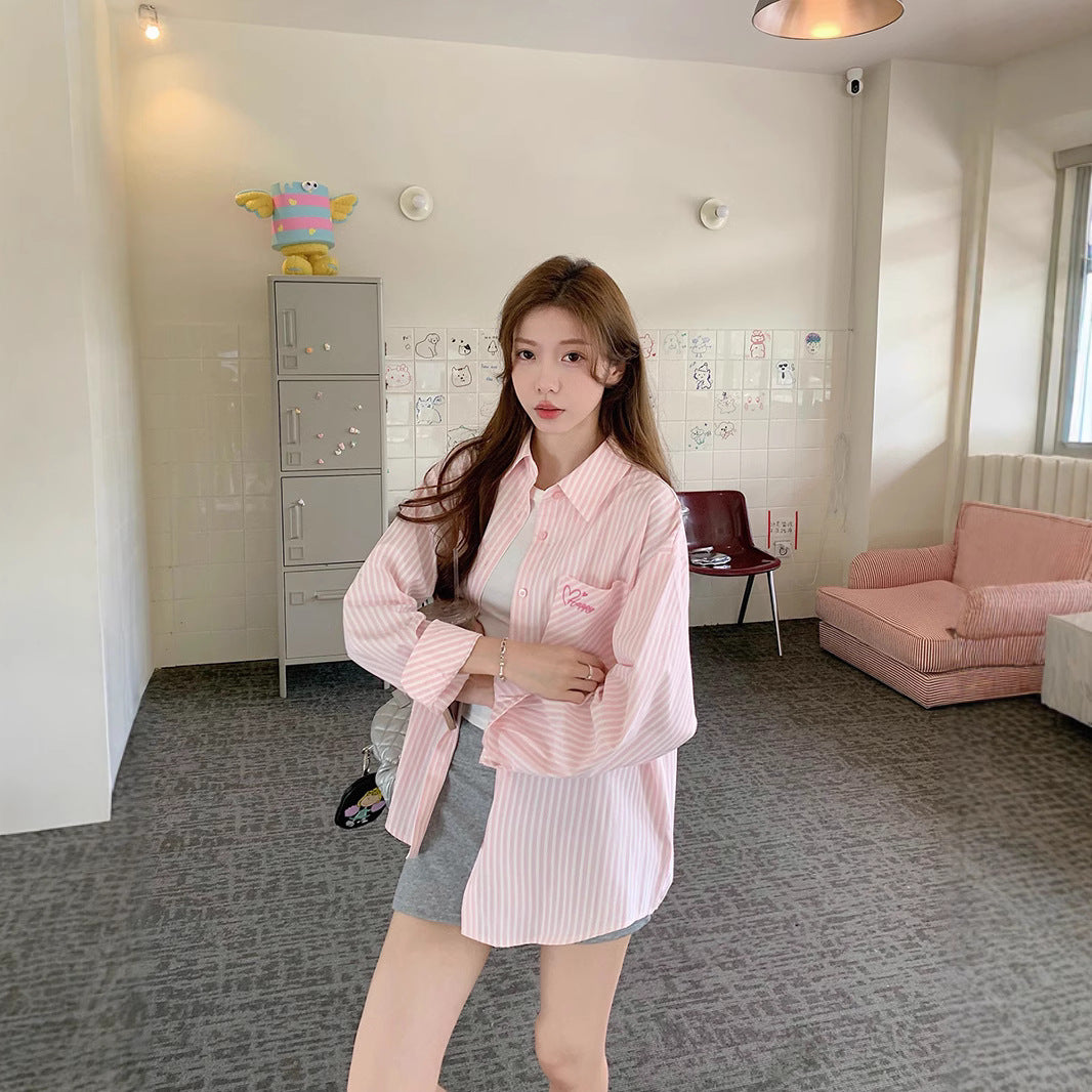 Embroidered Stripe Shirt Jacket Women's Thin Casual Blouse Loose Mid-Length Sunscreen Cardigan Versatile Top