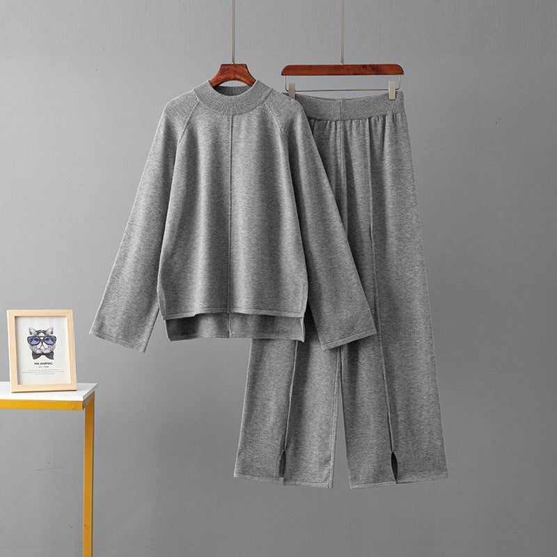 Solid color round neck sweater wide leg pants set
