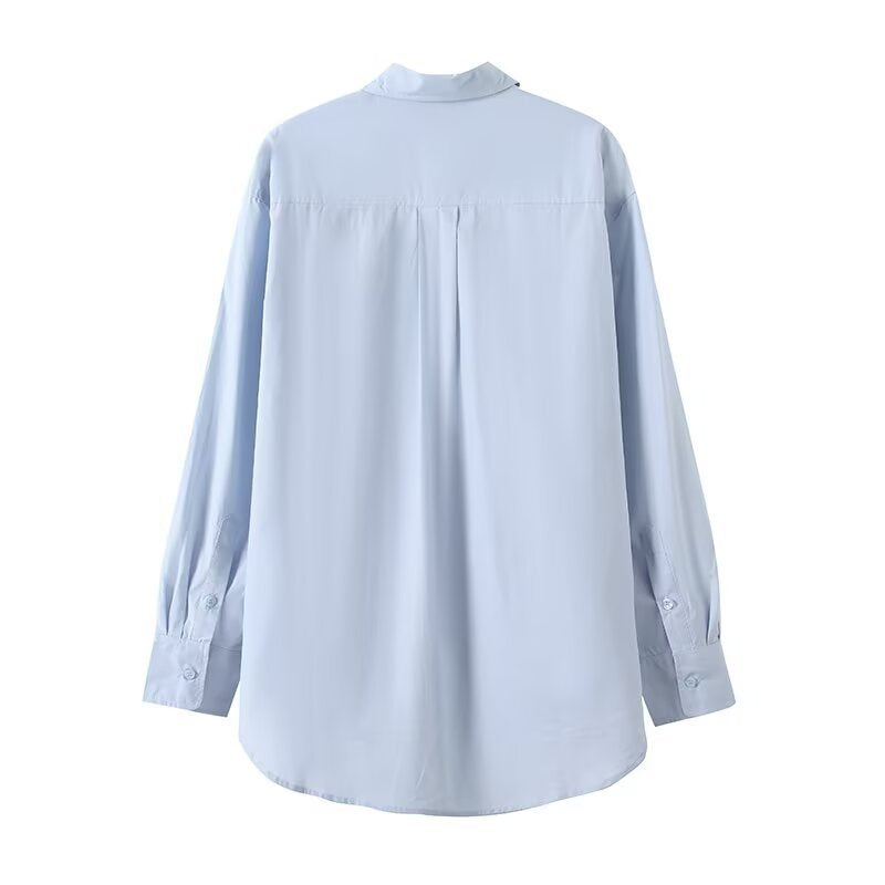 Collar long sleeved single breasted loose and versatile long cut shirt for women