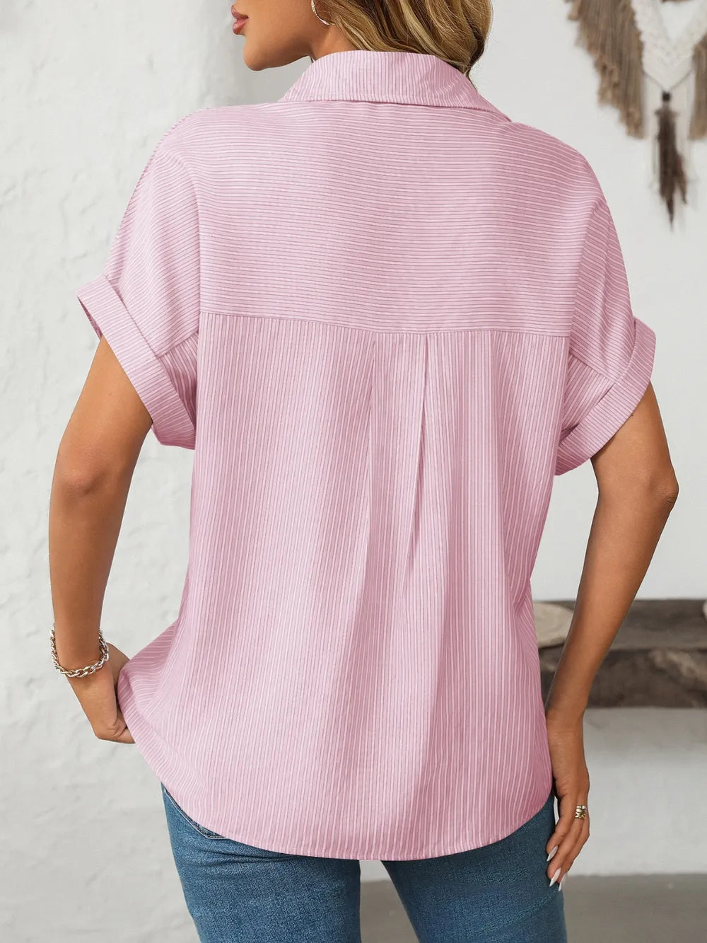 Ladies' loose short sleeved pocket casual striped shirt