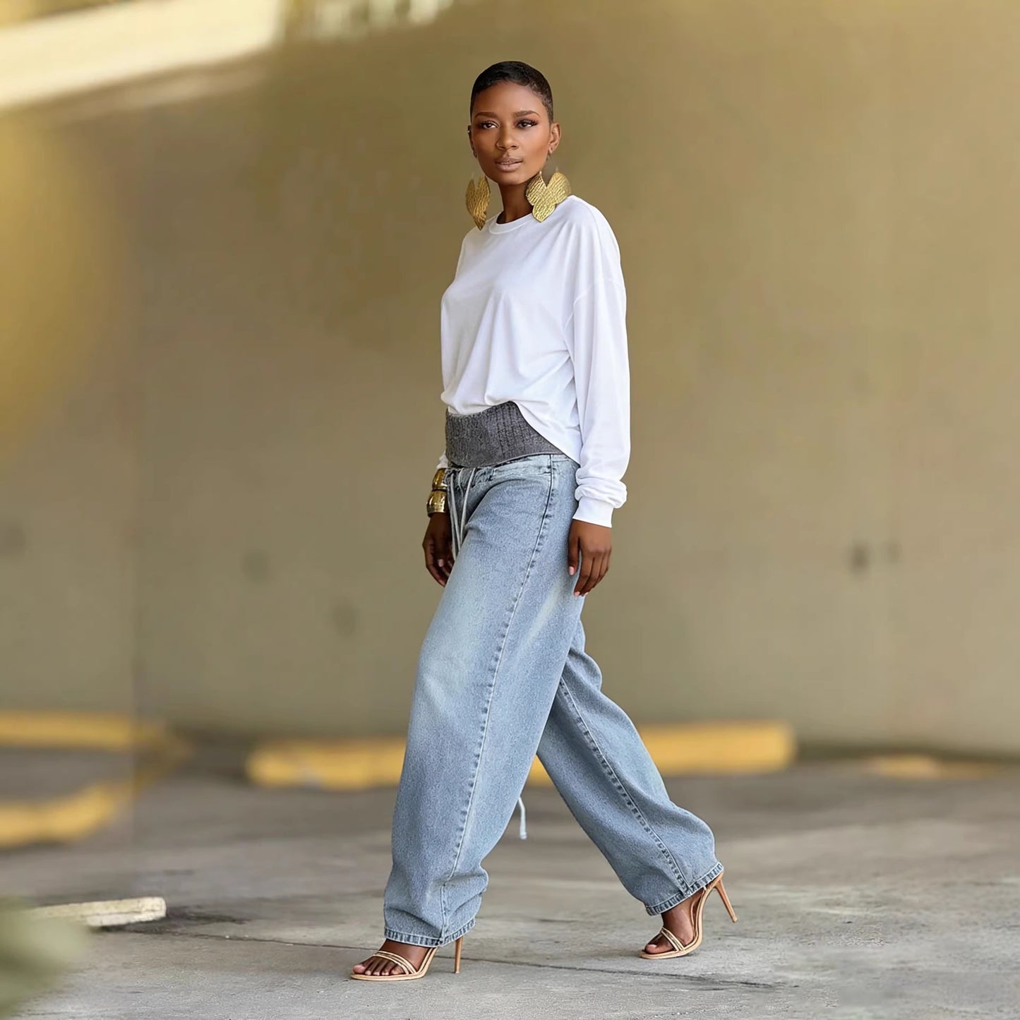 Washed Distressed Ribbed Elastic Waist Wide Leg Jeans