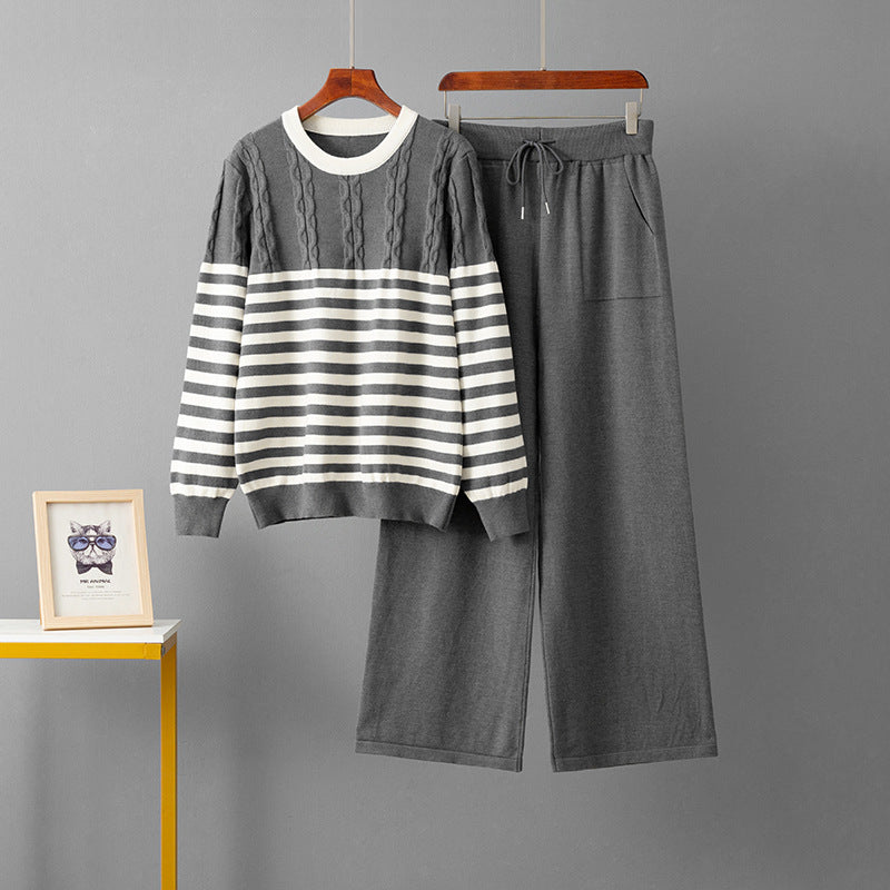 Round neck sweater loose pants two-piece set