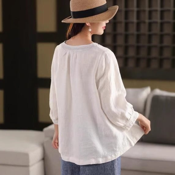 Thick Hemp Shirt Women's Handmade Embroidered Blouse Elegant Three-Quarter Sleeve Pullover Top Summer