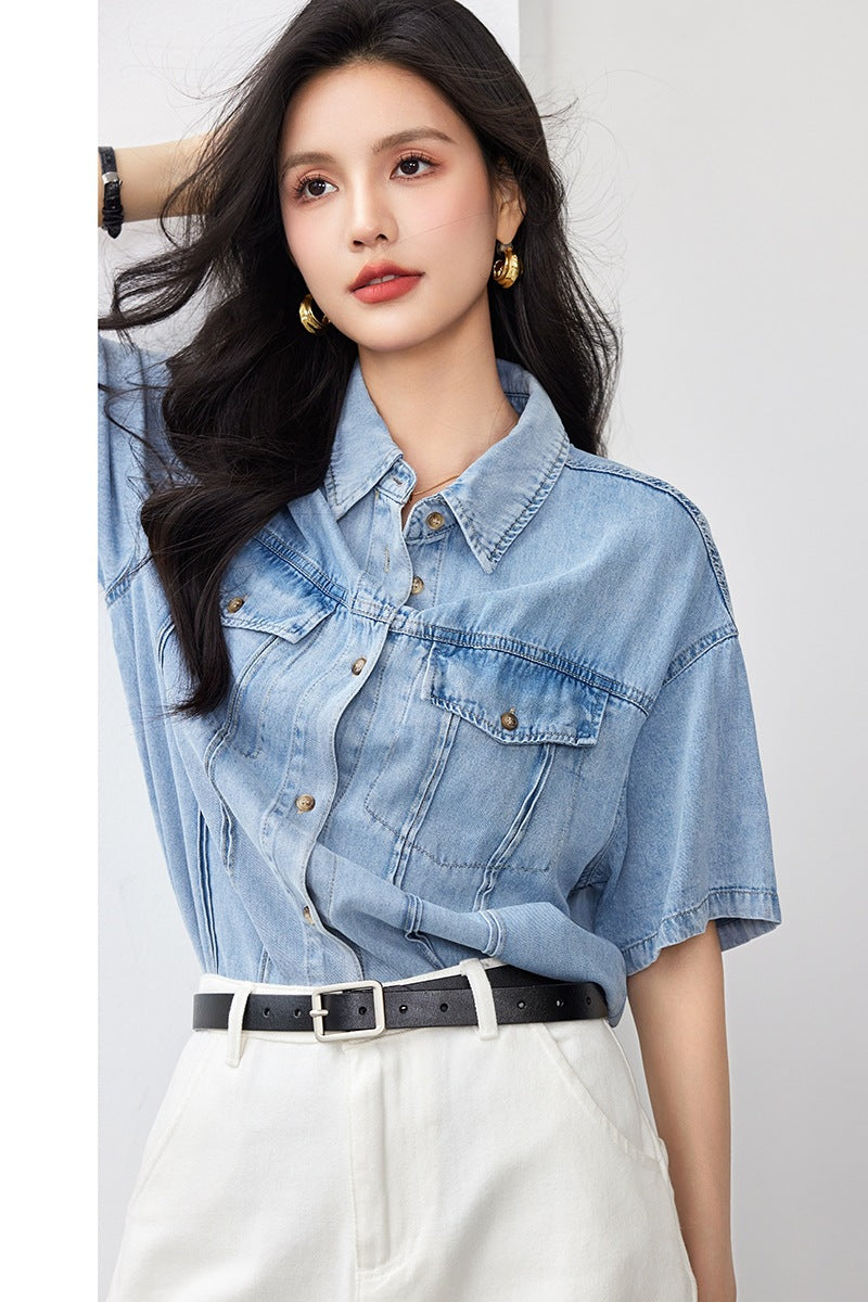 Summer Short Sleeve Denim Shirt Inner Layer Blouse Women's Casual Workwear Blue Top