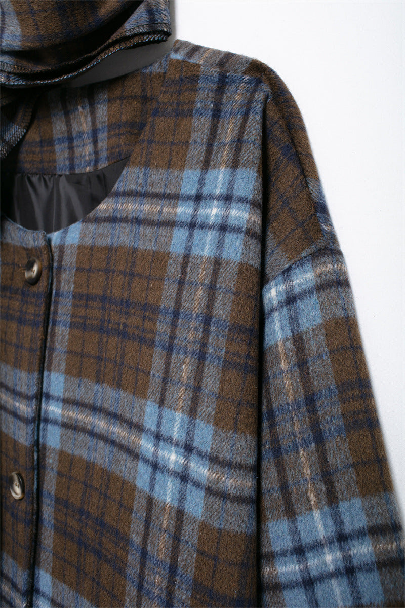 European and American style women's fashion temperament scarf collar long sleeved woolen plaid coat long coat