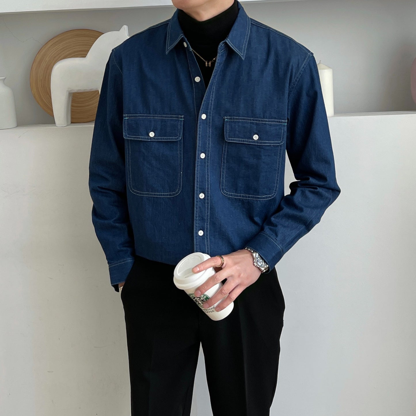 Retro denim shirt men's spring long sleeved shirt