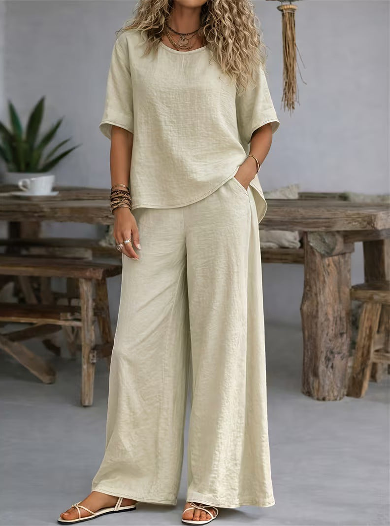 Casual Loose Rich Style Wide-Leg Pants Linen-Cotton Two-Piece Set for Women