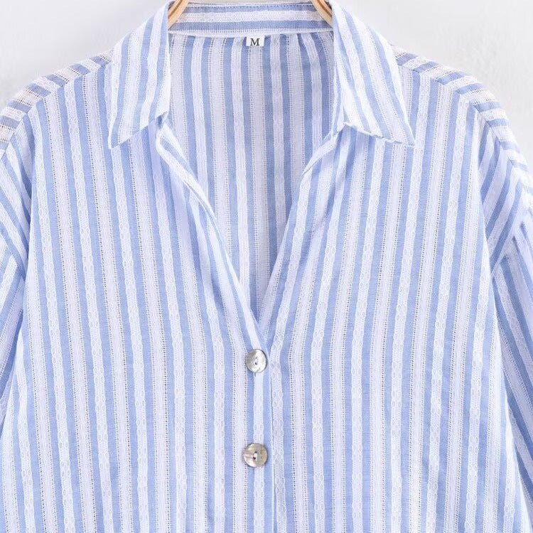 Women's Stripe Single-Button Flip Collar Long Sleeve Loose Shirt