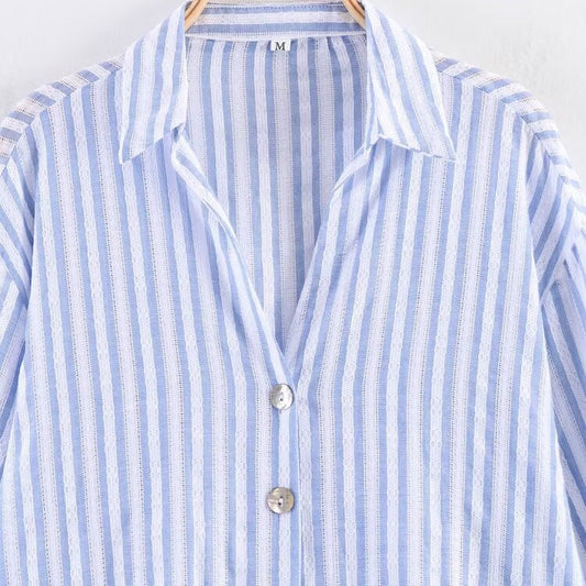 Women's Stripe Single-Button Flip Collar Long Sleeve Loose Shirt