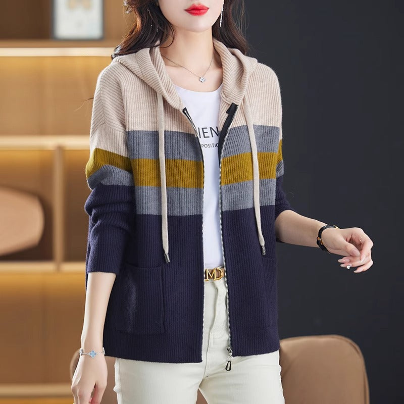 Striped Double Zipper Hooded Knit Cardigan for Women, Loose Slim Fit Sweater Top Outerwear