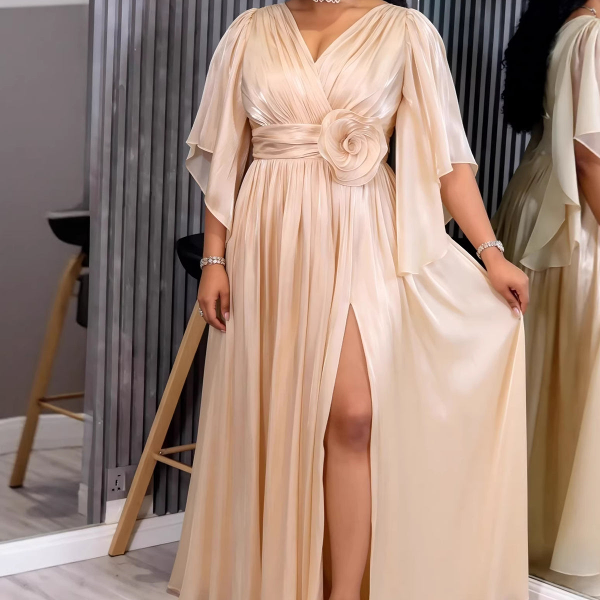 V-neck waist cinched slit dress