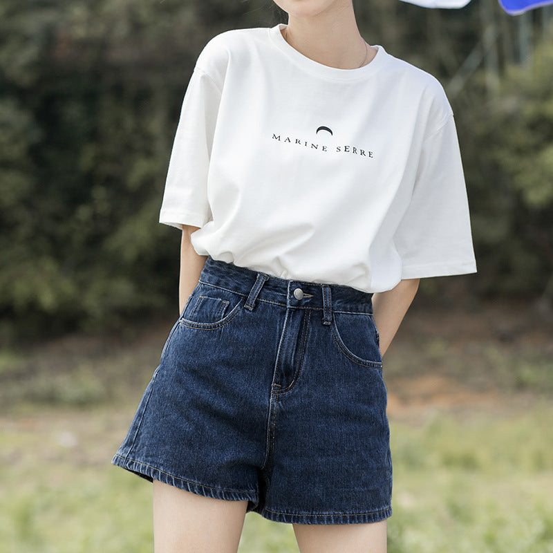 Style Denim Shorts Women's Literary Fresh High Waist Loose Slimming A-line Wide Leg Pants