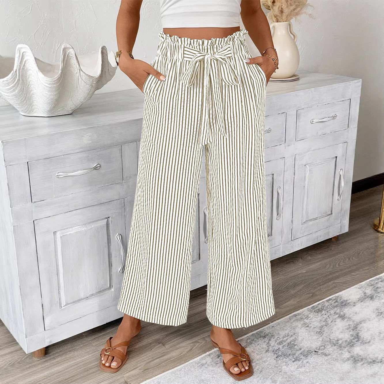 Straight Leg Pants for Women Stripe Pattern, Casual ElegantWomen's Bottoms