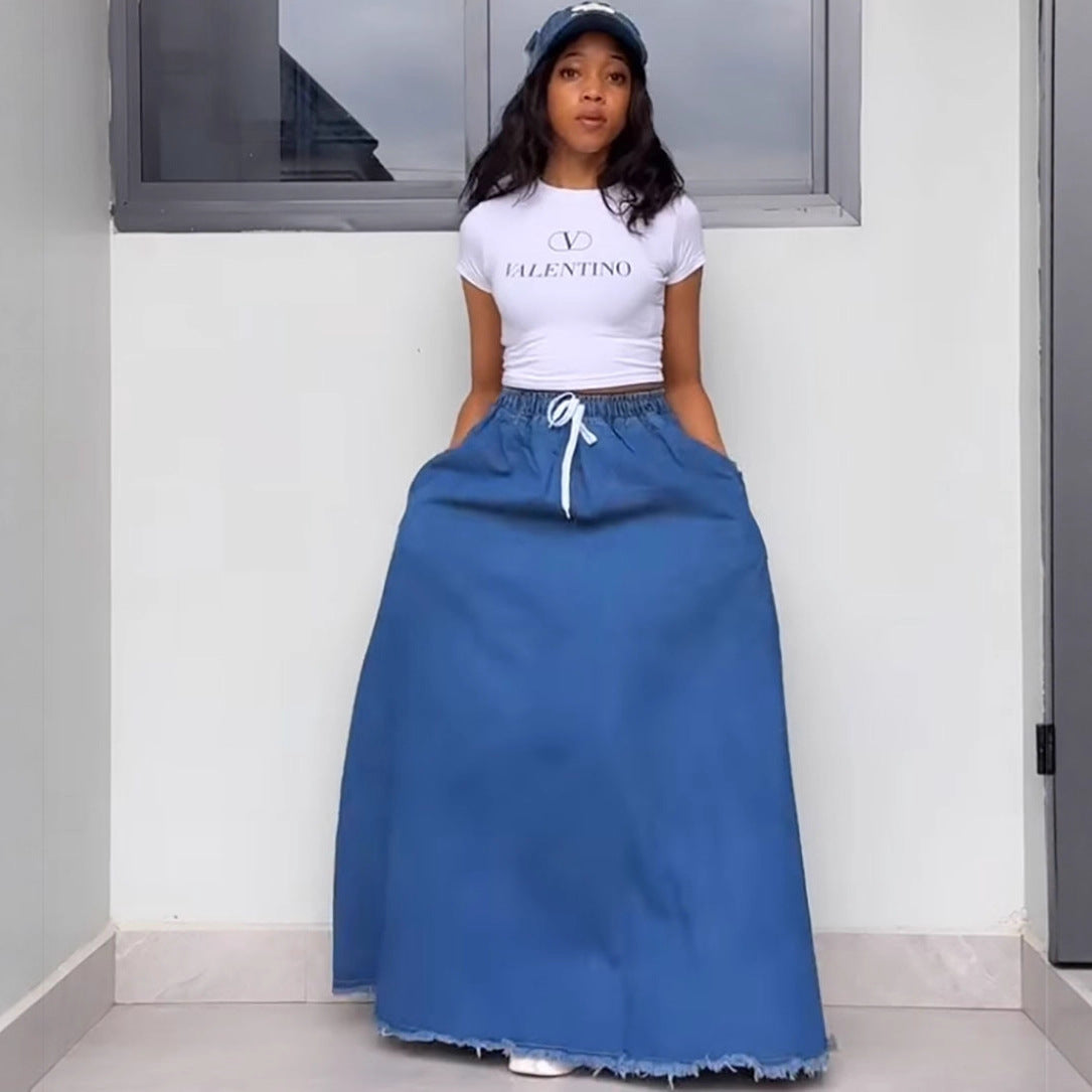 Women's Denim Skirt, Washed Solid Color, Drawstring High Waist, Ruffle Long Skirt Fashion Style
