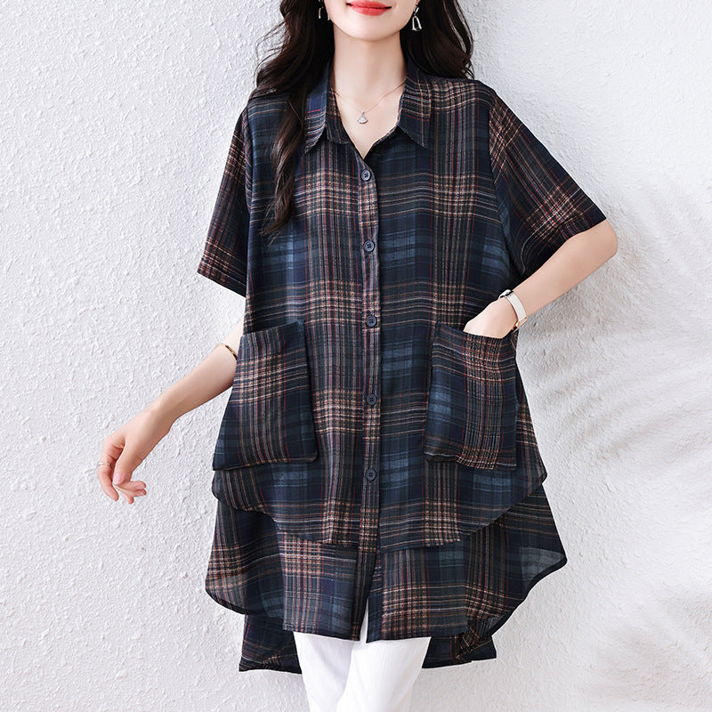 Plus Size Women's Summer Fashion Versatile Plaid Chubby MM Elegant Shirt Loose Belly Covering Slimming Blouse