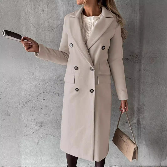 Women's Spring Fashion Wool CoatSolid Color Long Sleeve Double-Breasted Patch Pocket Versatile Outerwear