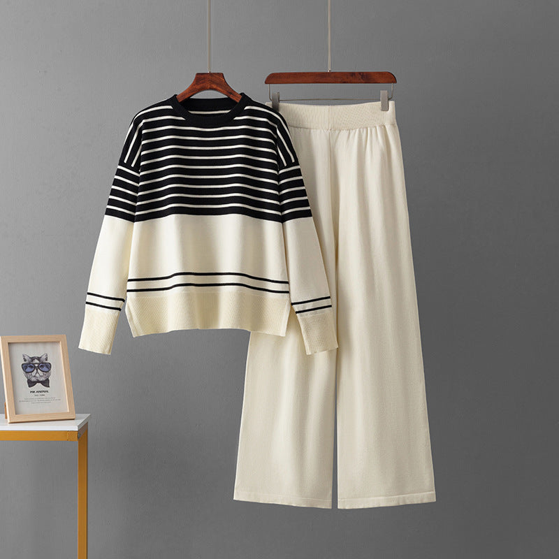 Two piece striped round neck sweater set