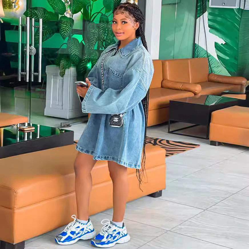 Women's Western Style Dress Summer Casual Loose Denim Dress with Turn-Down Collar Fashionable Long Dress