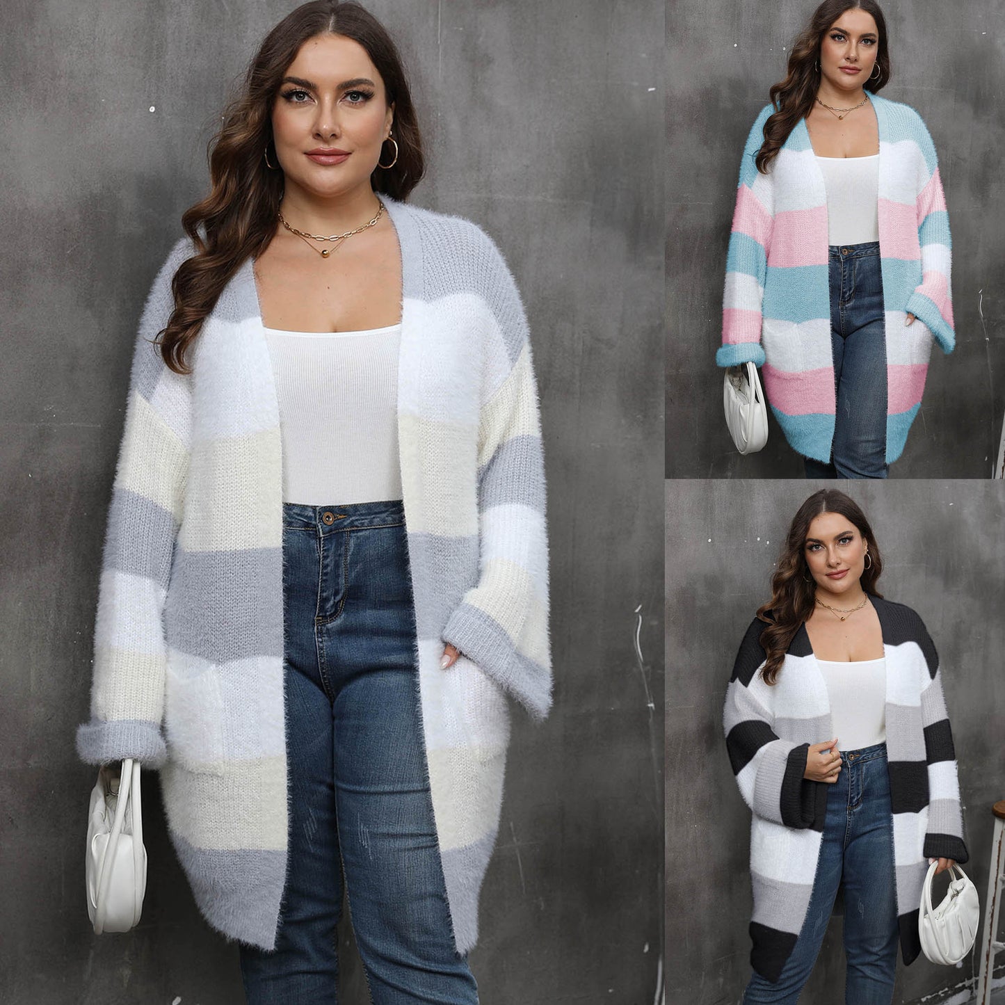 Ladies' Open Front Cardigan, Oversized Women's Sweater Coat with Color Block Splicing