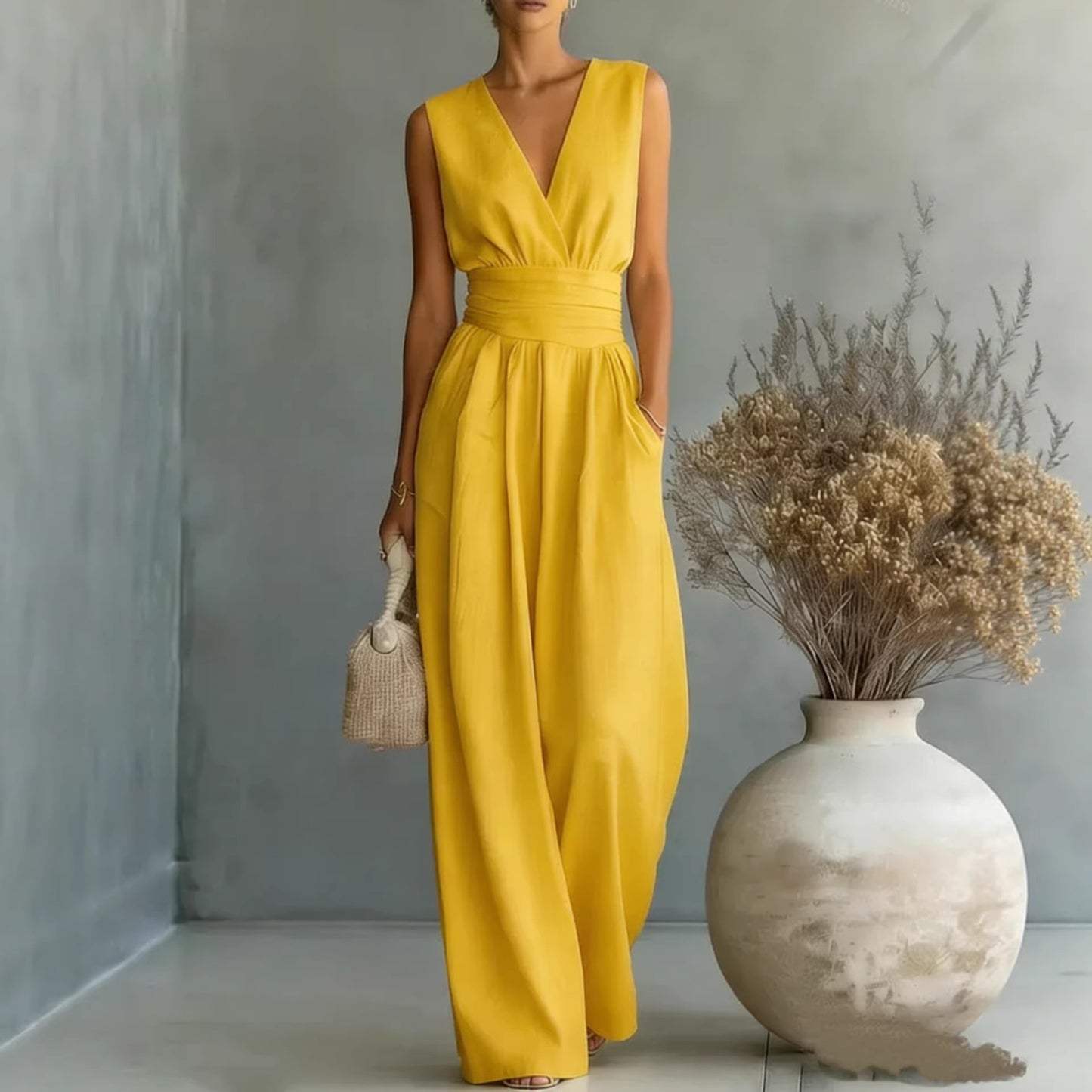 Sleeveless waist cinched V-neck women's jumpsuit