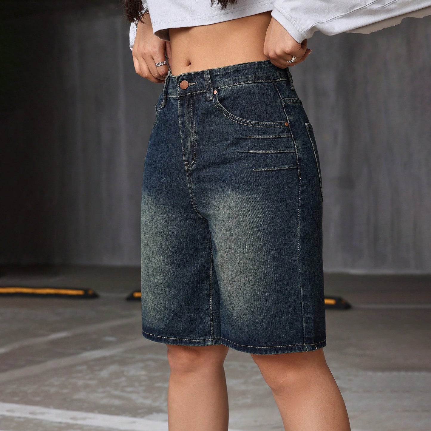 Vintage Washed Denim Shorts for Women Blue Fashion Loose Mid-Length Pants