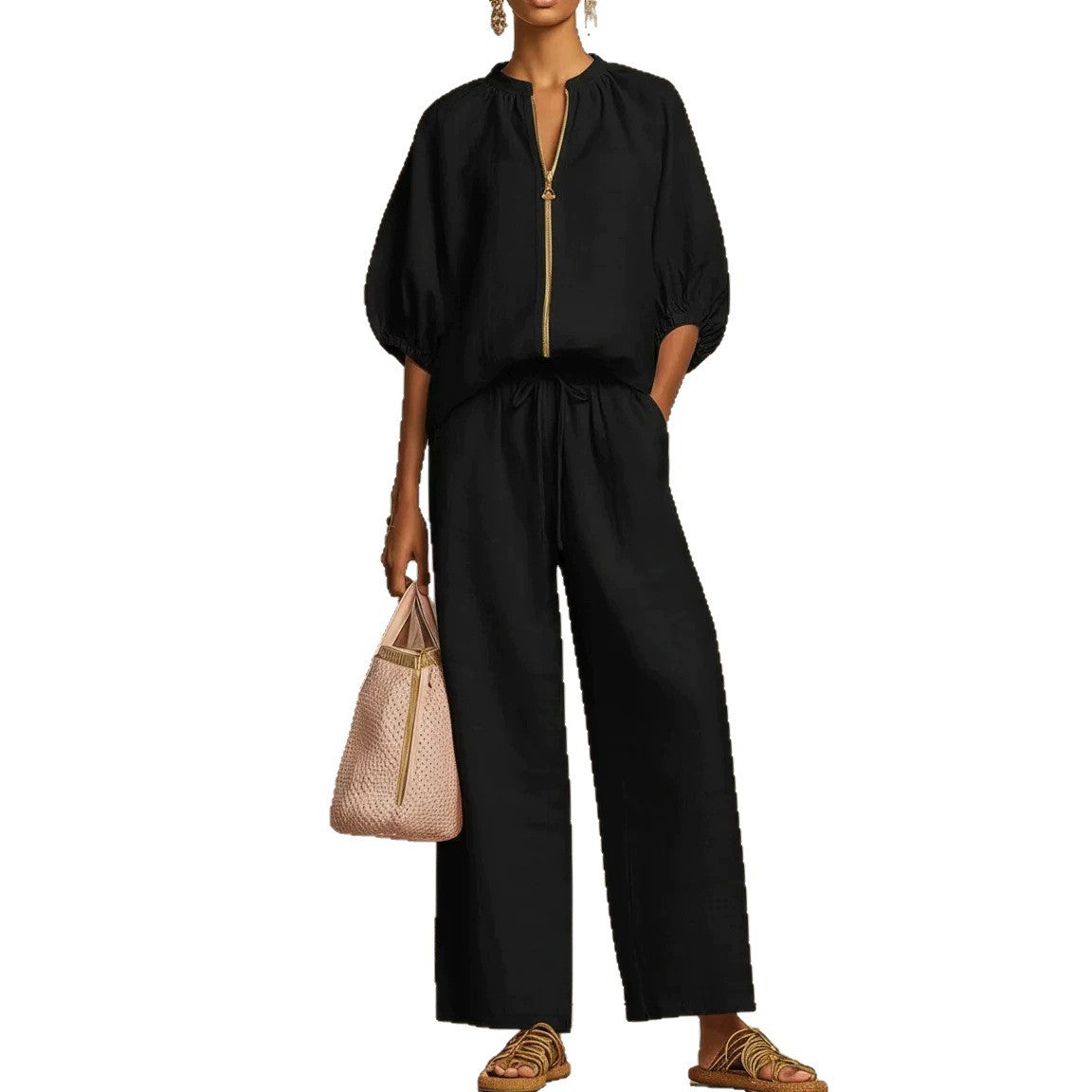 Summer Women's Casual Loose Solid Color Zipper Round Neck Wide Leg Pants Set